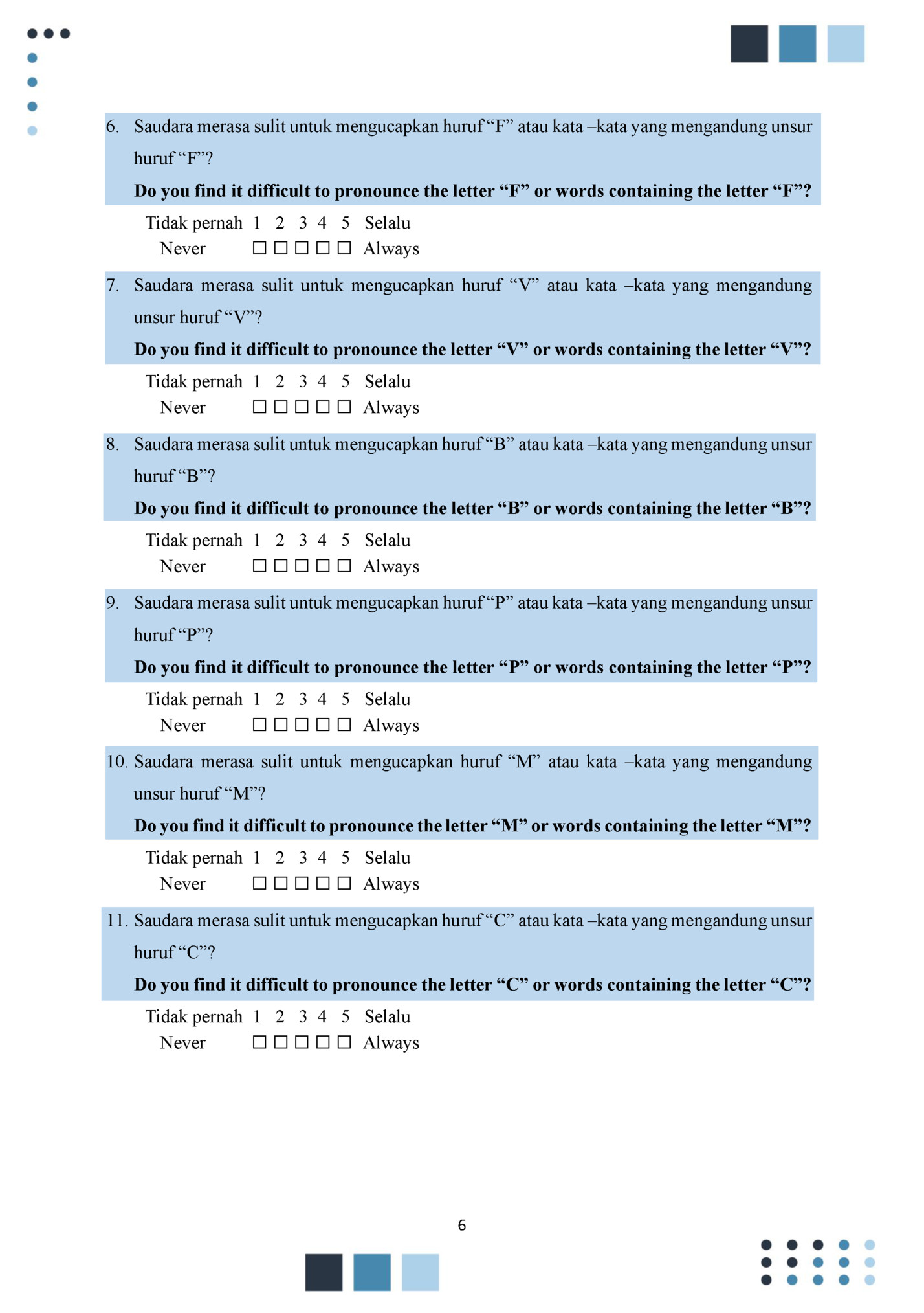 6. Saudara merasa sulit untuk mengucapkan huruf “F” atau kata –kata yang mengandung unsur