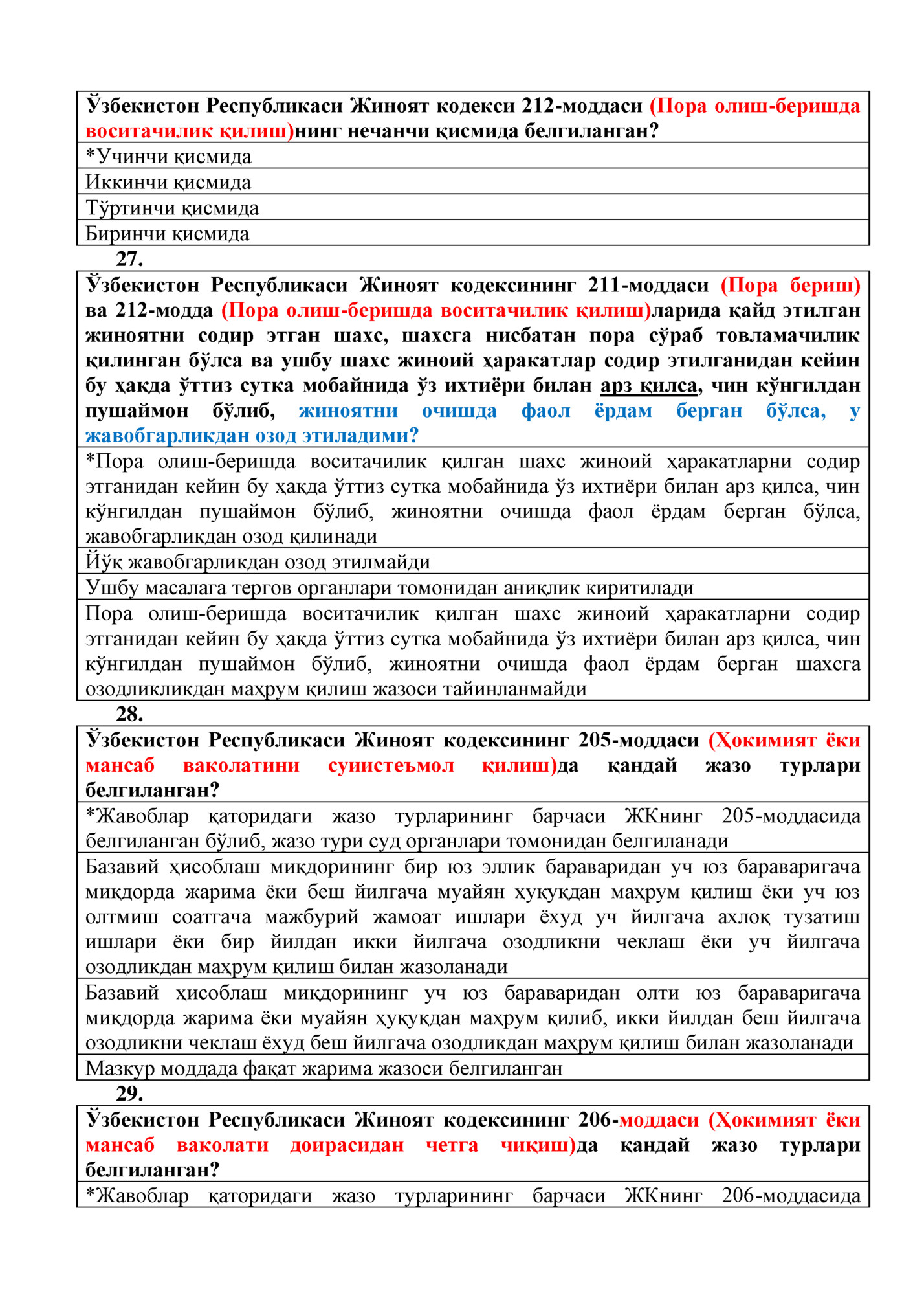 Ўзбекистон Республикаси Жиноят кодекси 212-моддаси (Пора олиш-беришда Ўзбекистон Республикаси Жиноят кодекси 212-моддаси (Пора олиш-беришда