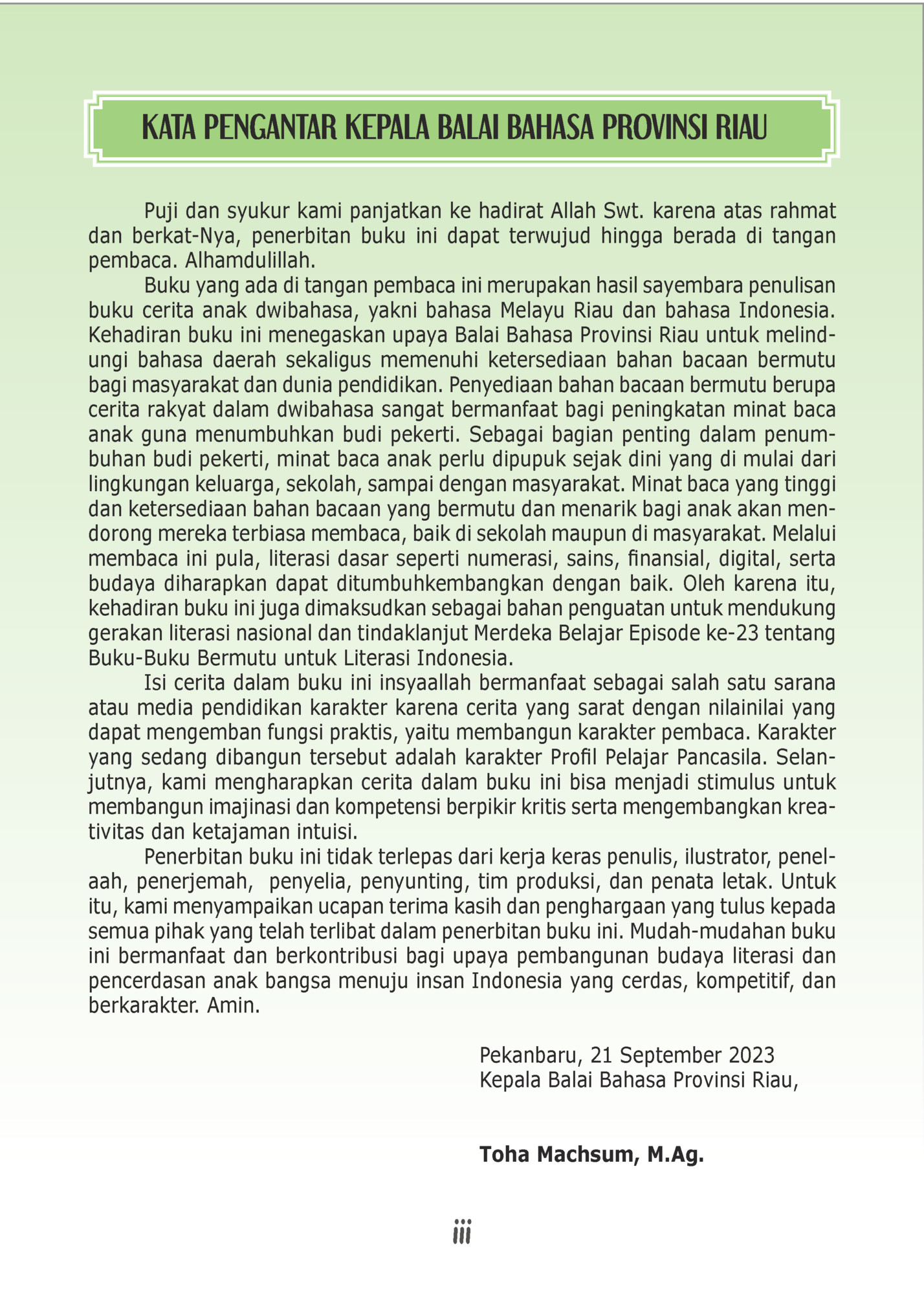 KATA PENGANTAR KEPALA BALAI BAHASA PROVINSI RIAU