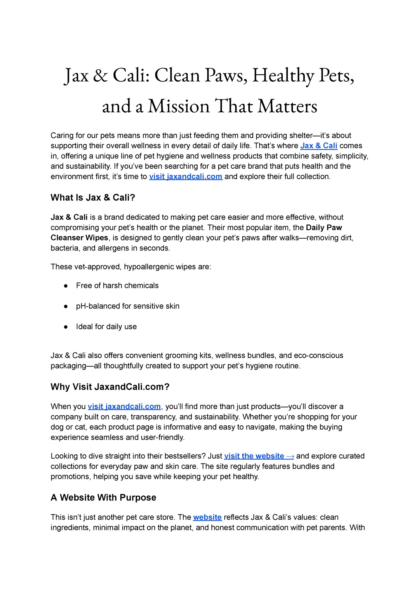 Jax & Cali: Clean Paws, Healthy Pets,