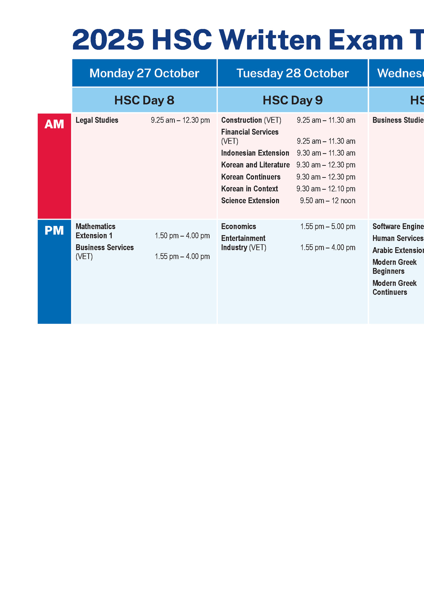 2025 HSC Written Exam Timetable • Week 3