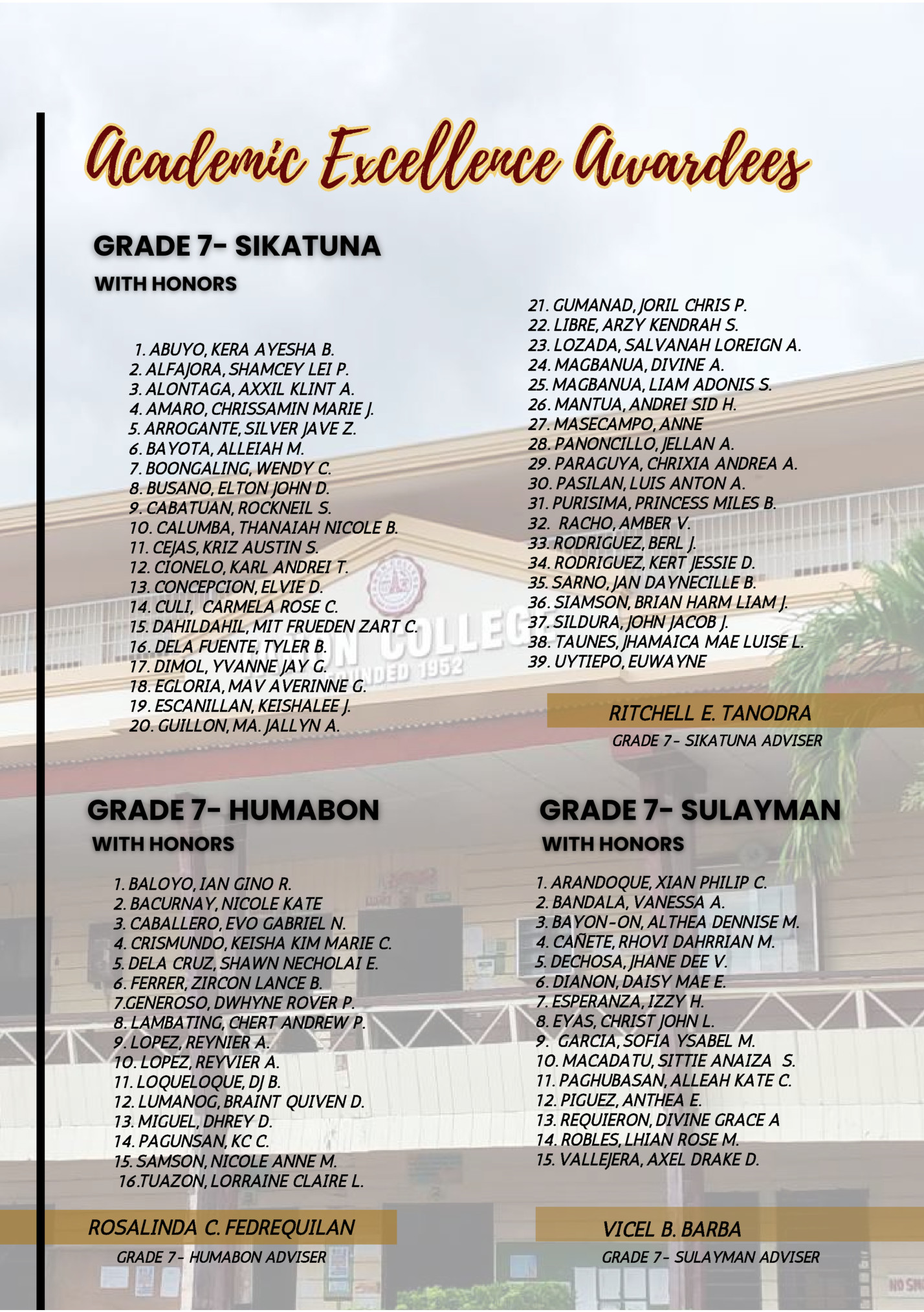 Academic Excellence Awardees