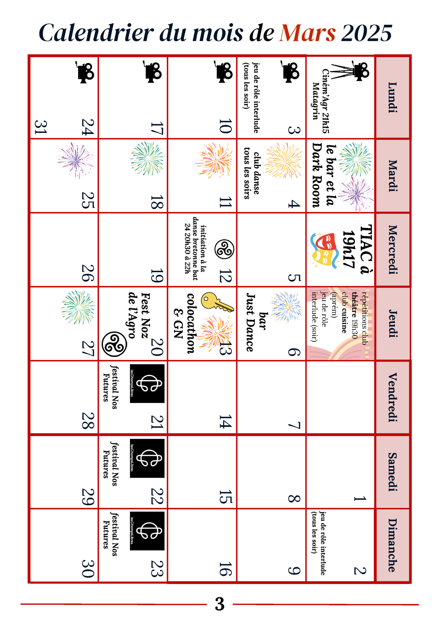 Calendrier du mois de Mars 2025