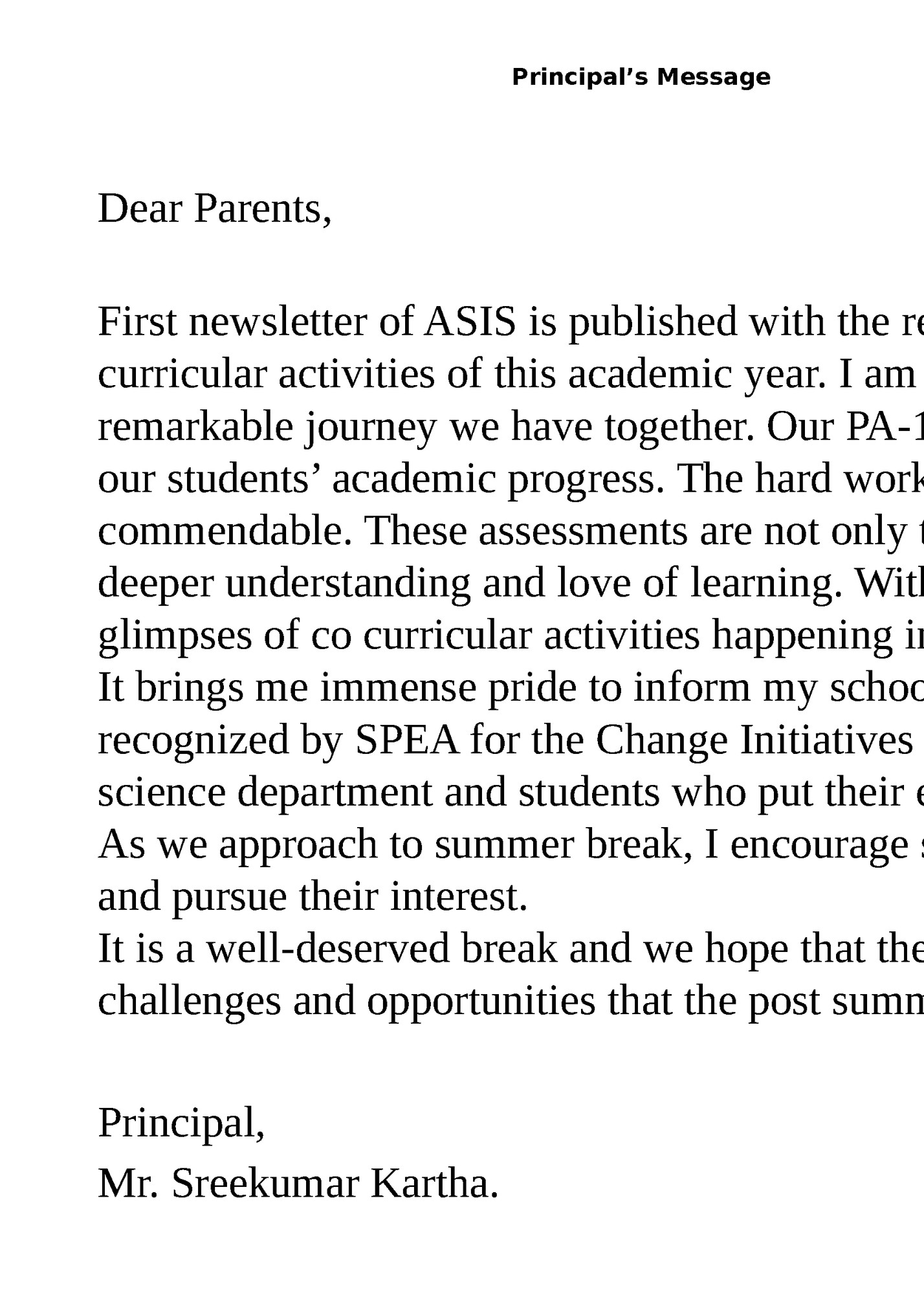 Principal’s Message