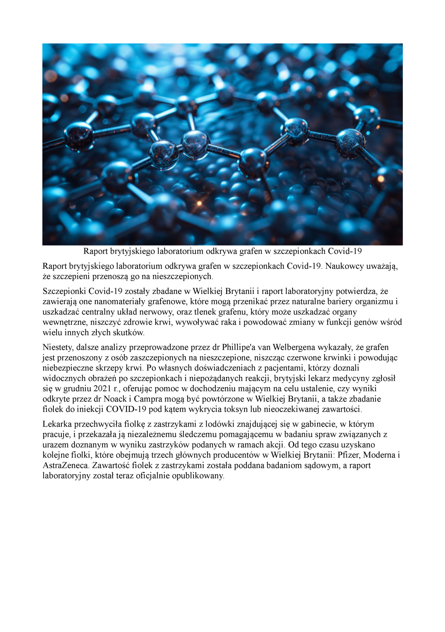 Raport brytyjskiego laboratorium odkrywa grafen w szczepionkach Covid-19