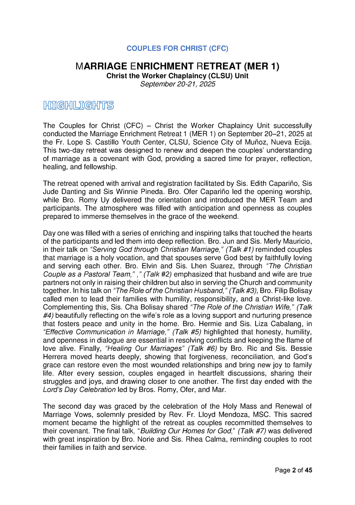 COUPLES FOR CHRIST (CFC)