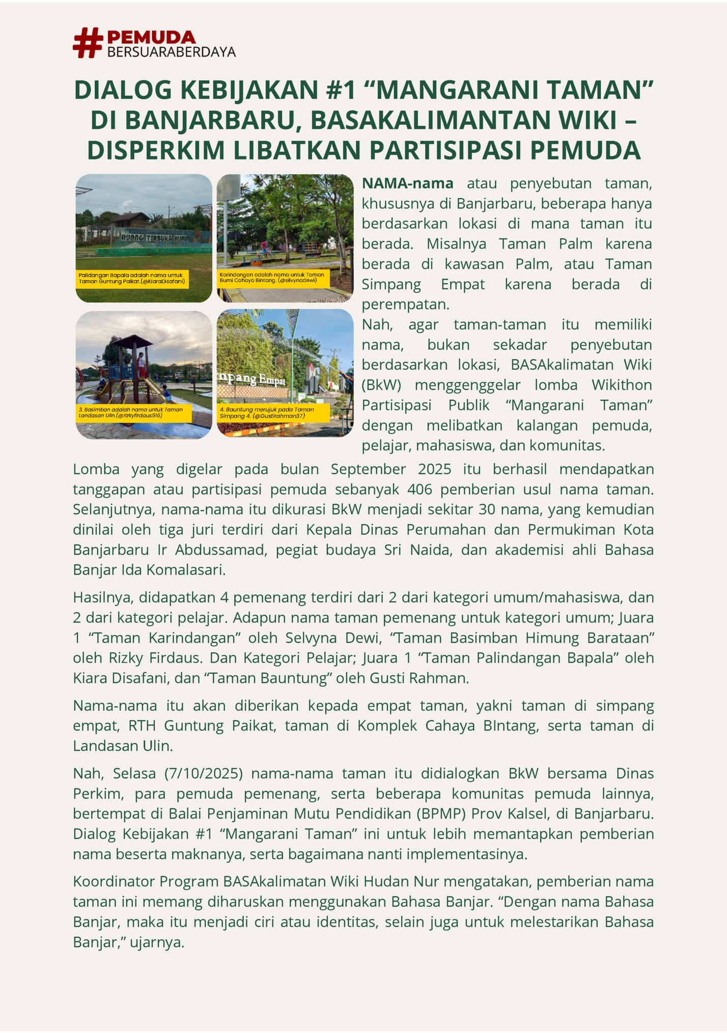 DIALOG KEBIJAKAN #1 “MANGARANI TAMAN”