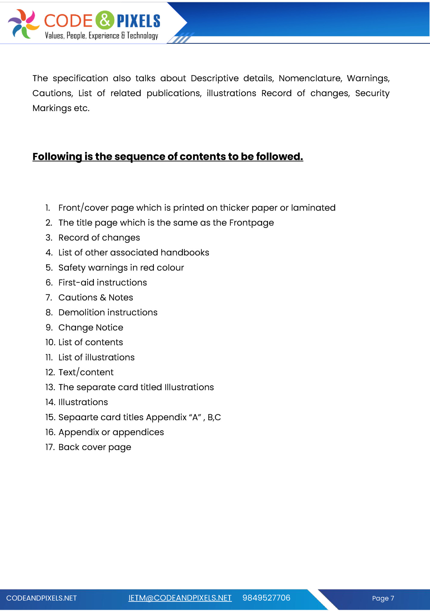 The specification also talks about Descriptive details, Nomenclature, Warnings,