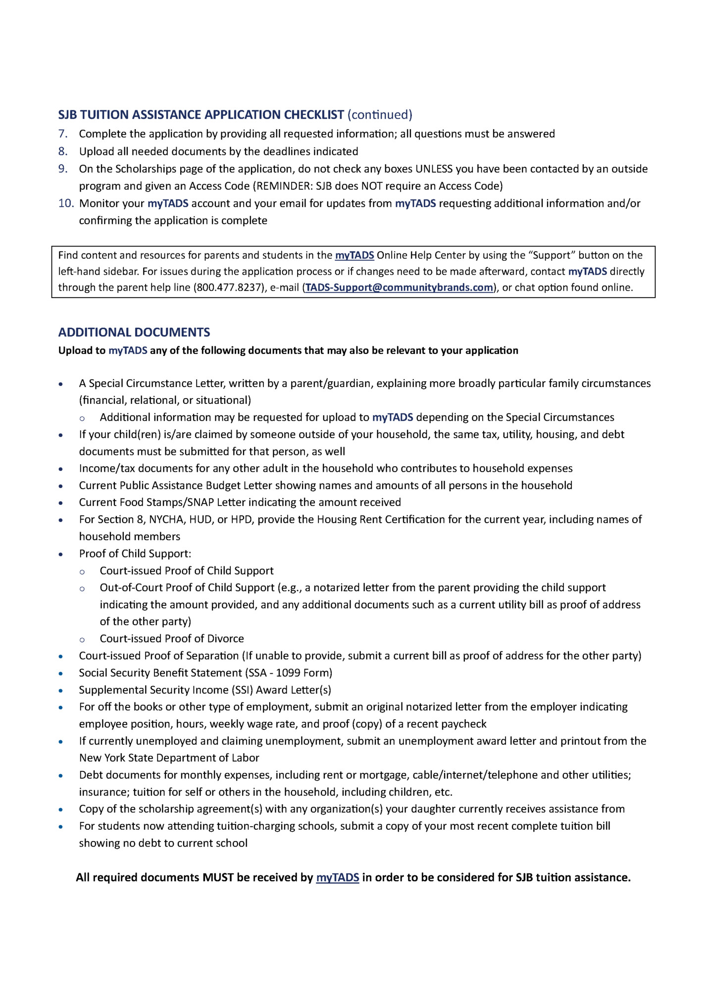 SJB TUITION ASSISTANCE APPLICATION CHECKLIST (continued)