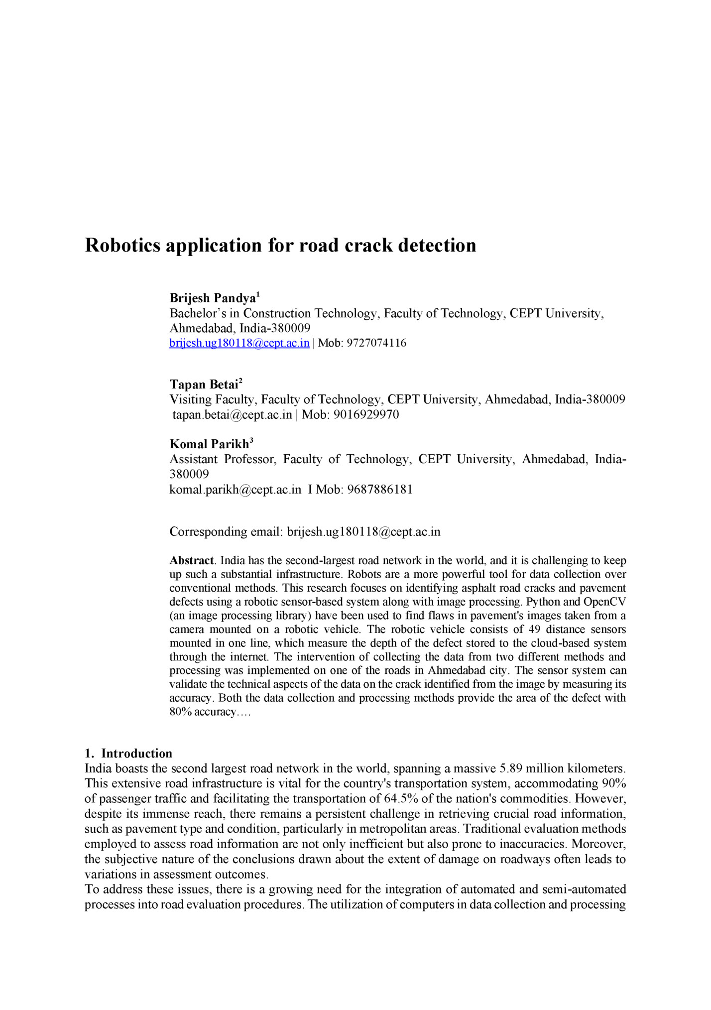 Robotics application for road crack detection