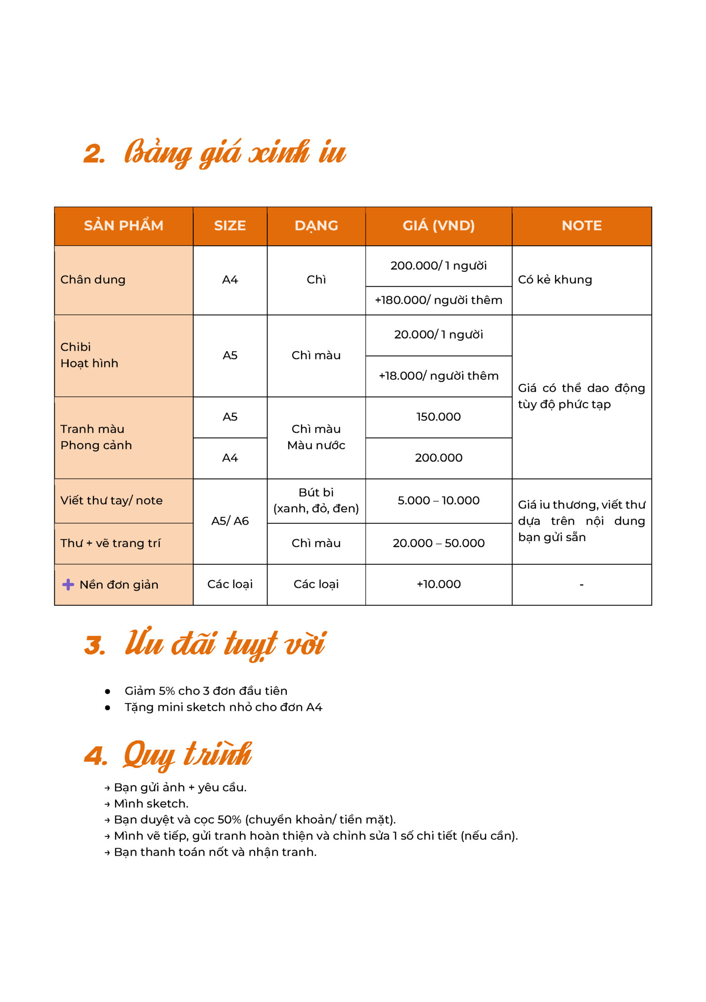 2. Bảng giá xinh iu