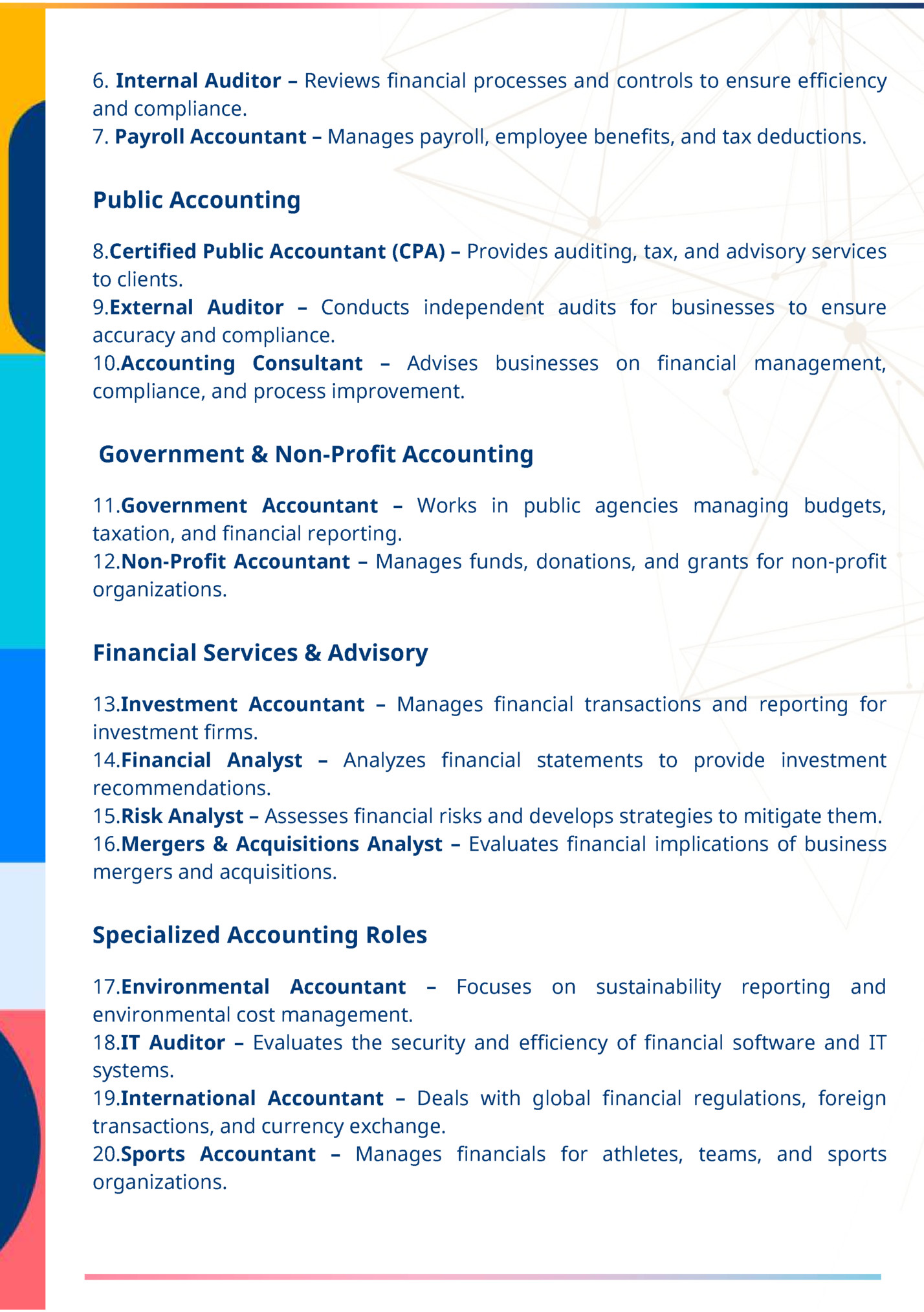 6. Internal Auditor – Reviews financial processes and controls to ensure efficiency