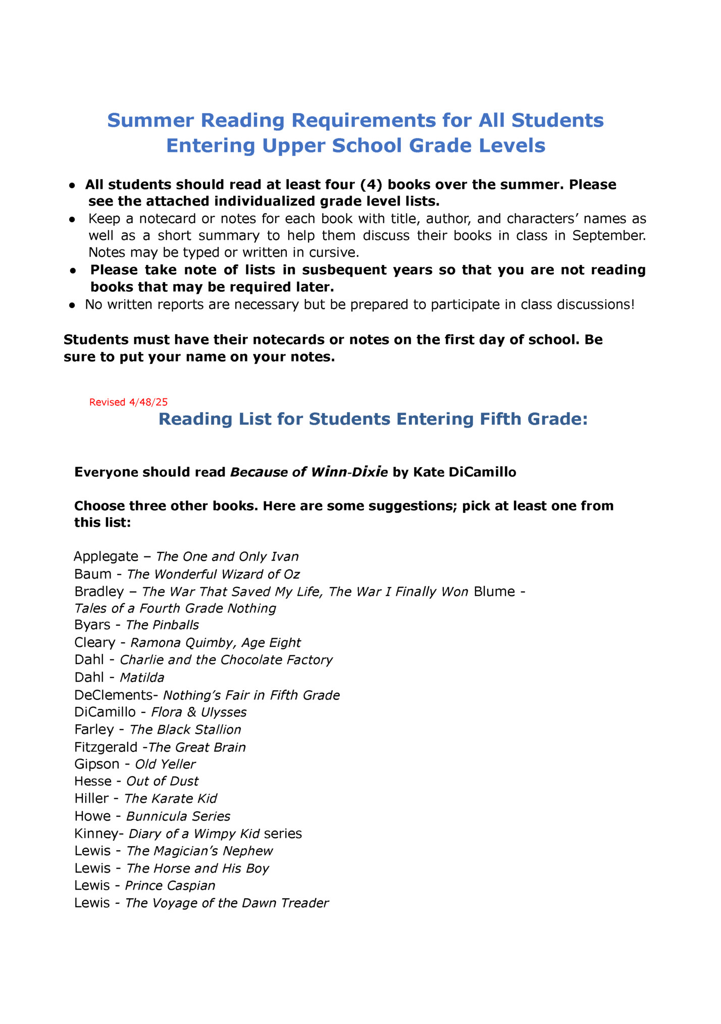 Summer Reading Requirements for All Students