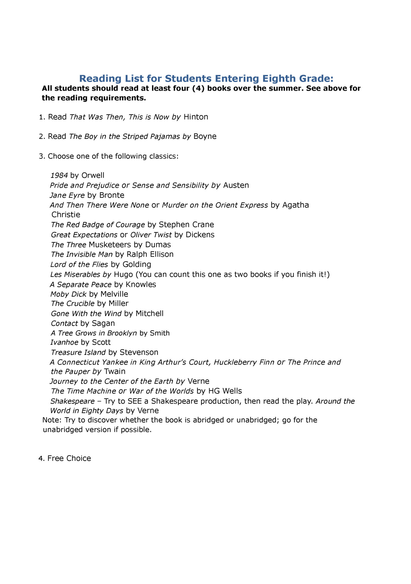 Reading List for Students Entering Eighth Grade: