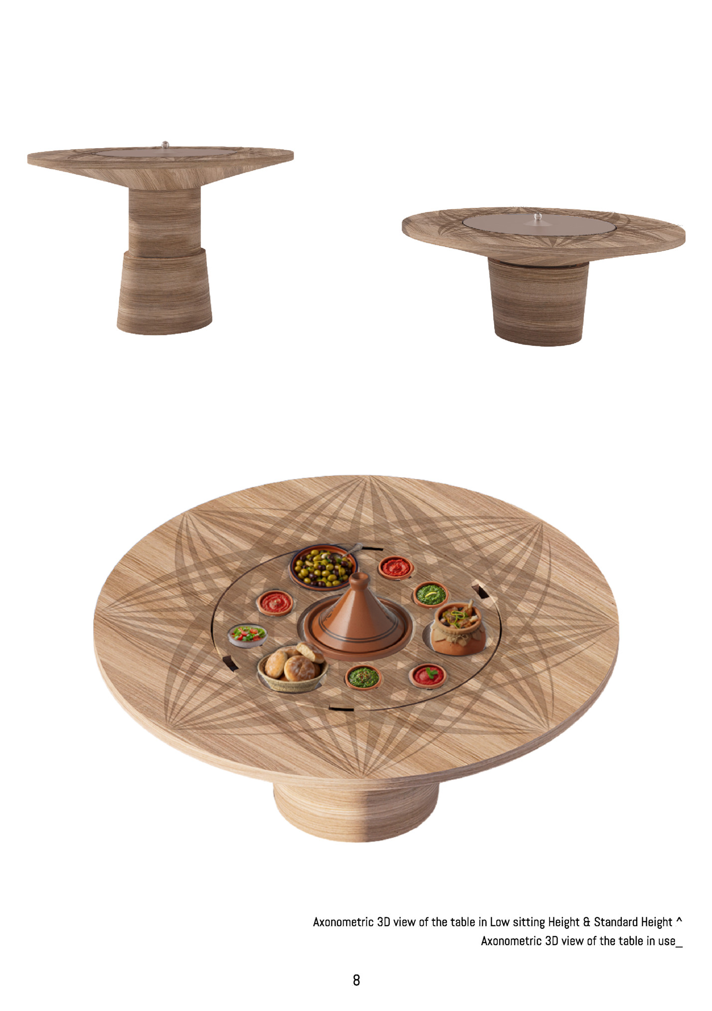 Axonometric 3D view of the table in Low sitting Height & Standard Height ^ Axonometric 3D view of the table in Low sitting Height & Standard Height ^