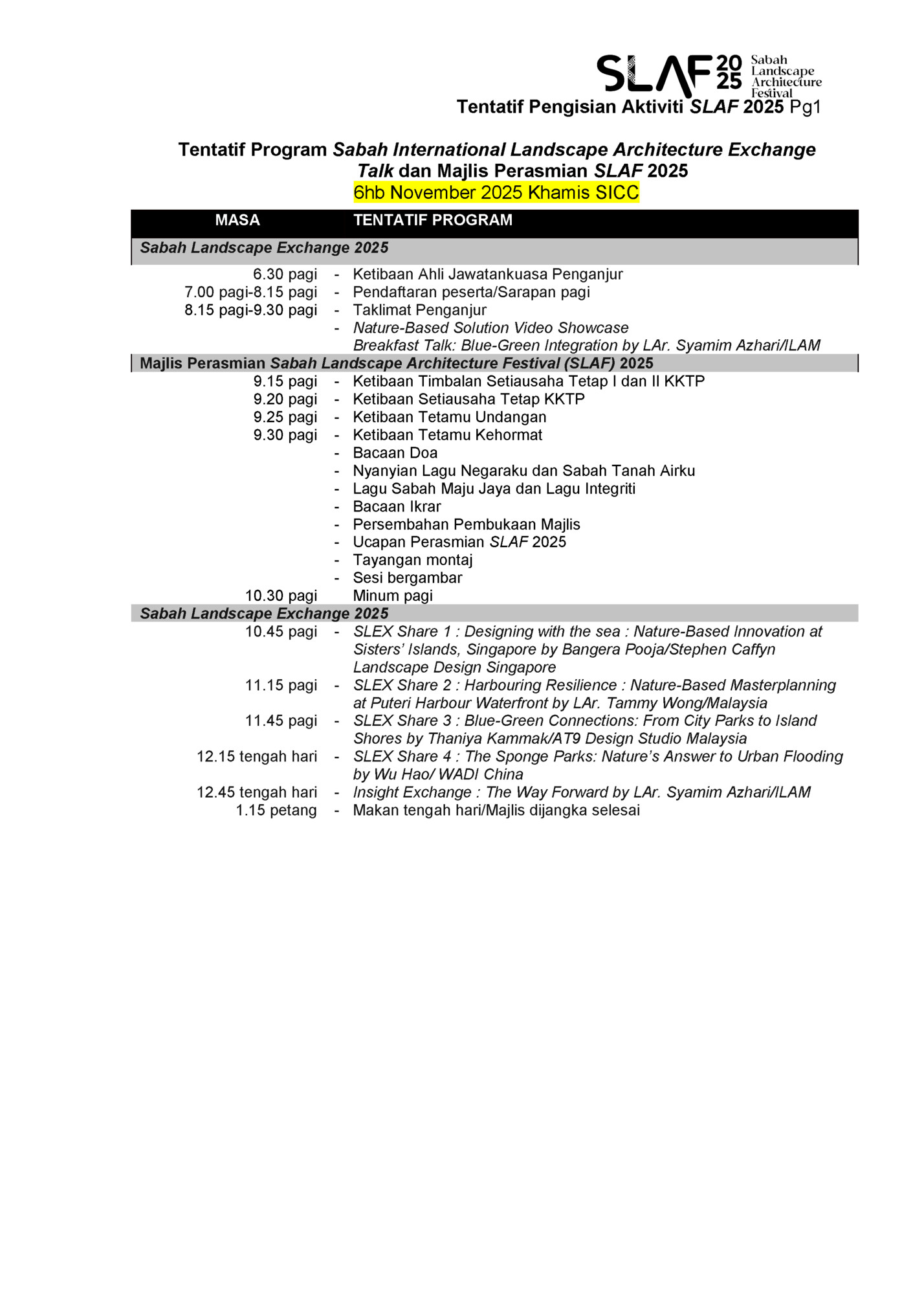 Tentatif Pengisian Aktiviti SLAF 2025 Pg1 Tentatif Pengisian Aktiviti SLAF 2025 Pg1