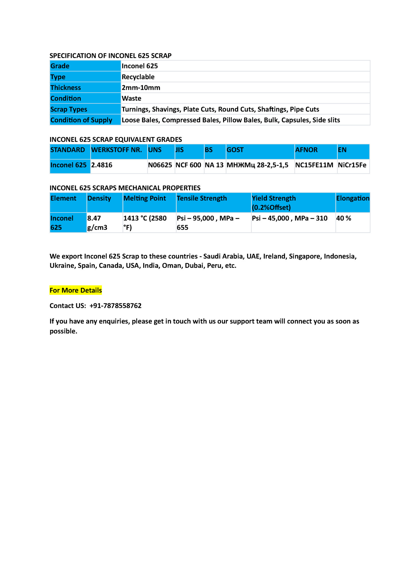 SPECIFICATION OF INCONEL 625 SCRAP