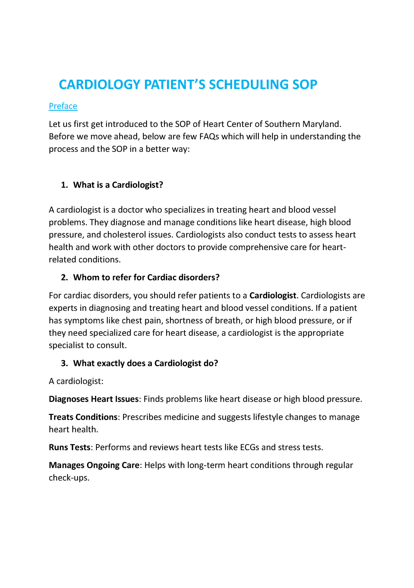 CARDIOLOGY PATIENT’S SCHEDULING SOP