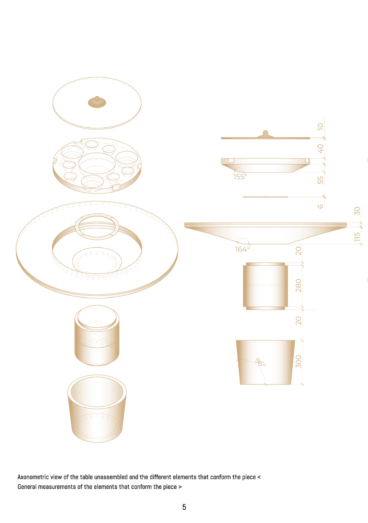 Axonometric view of the table unassembled and the different elements that conform the piece <