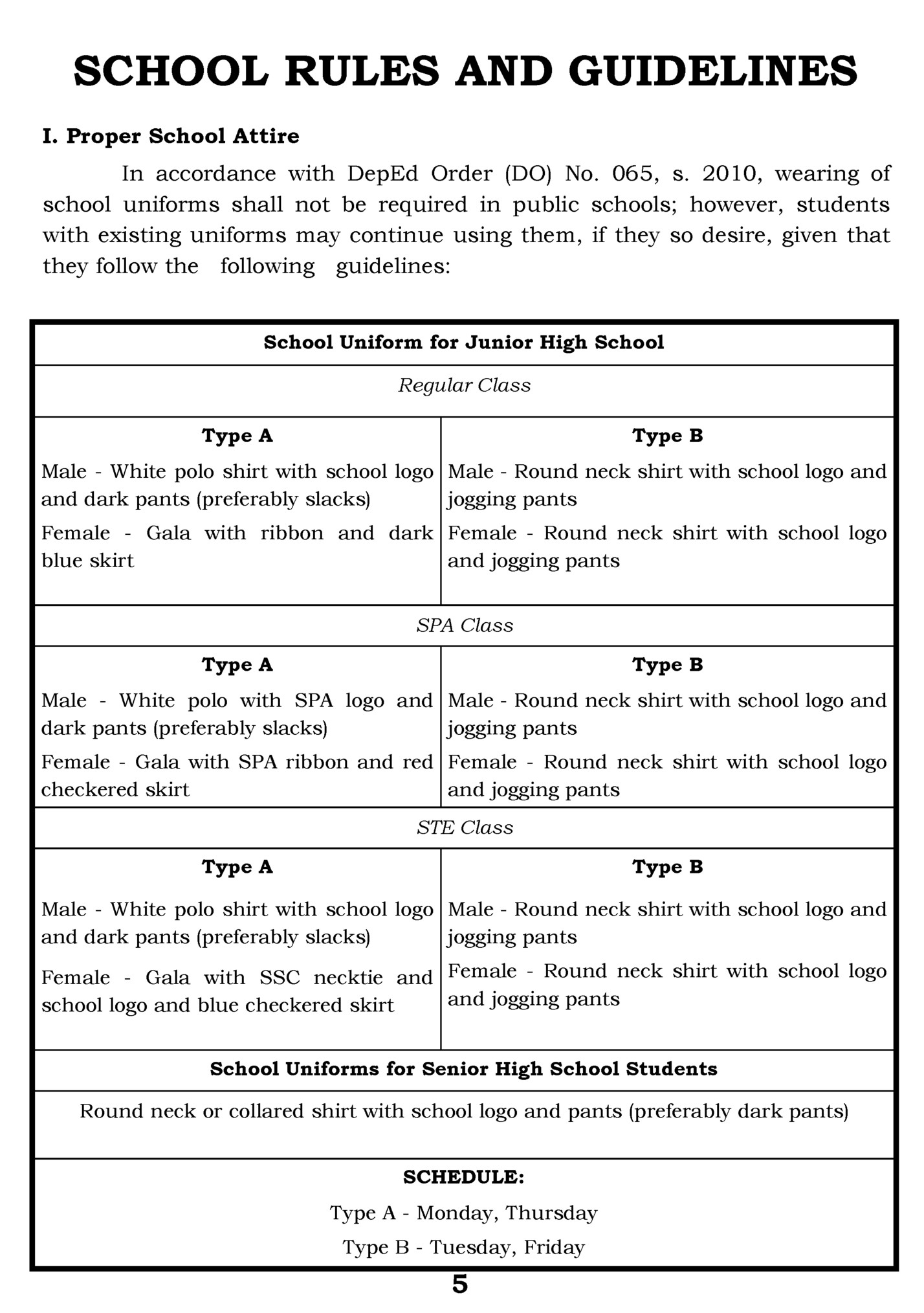 SCHOOL RULES AND GUIDELINES