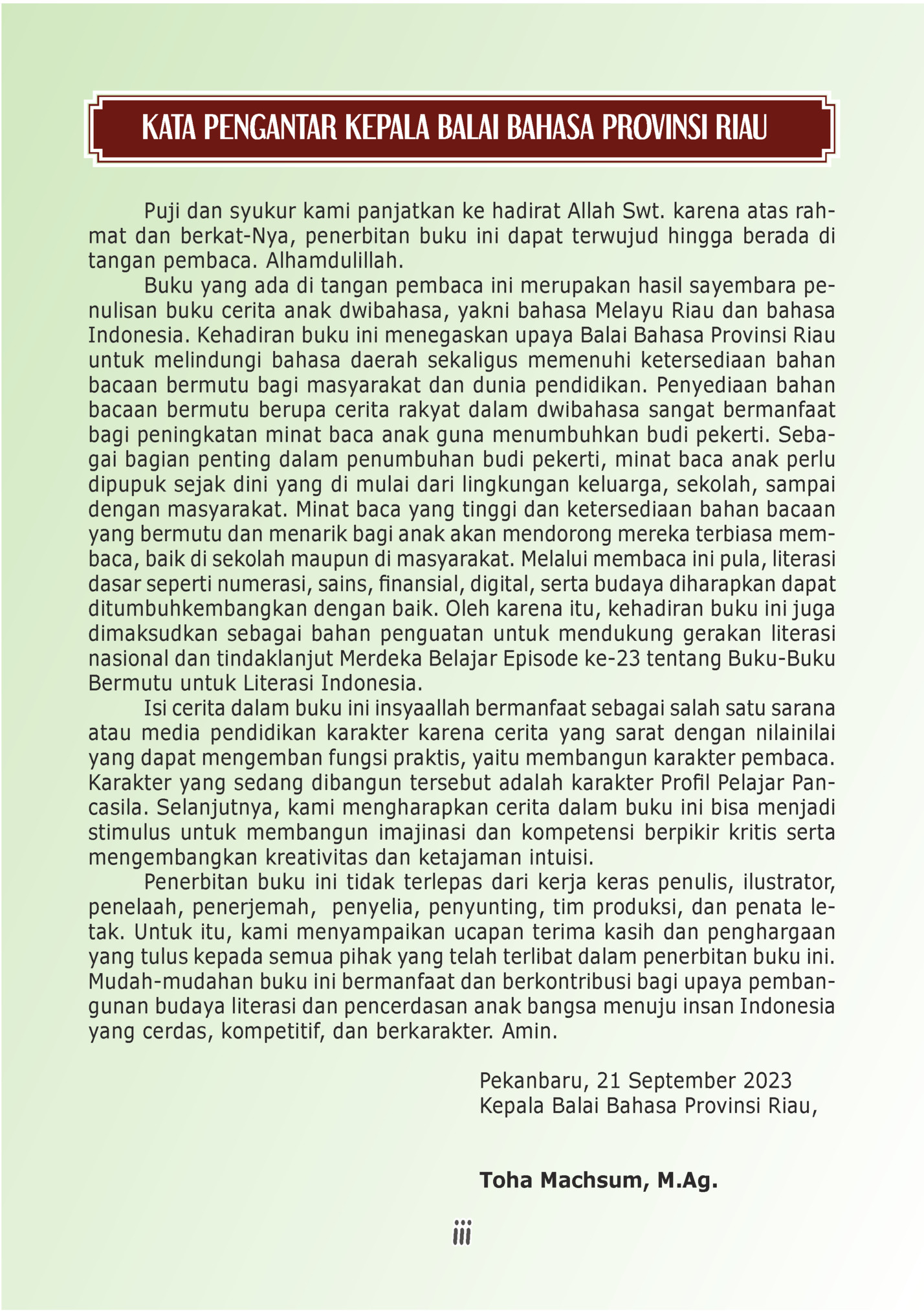 KATA PENGANTAR KEPALA BALAI BAHASA PROVINSI RIAU