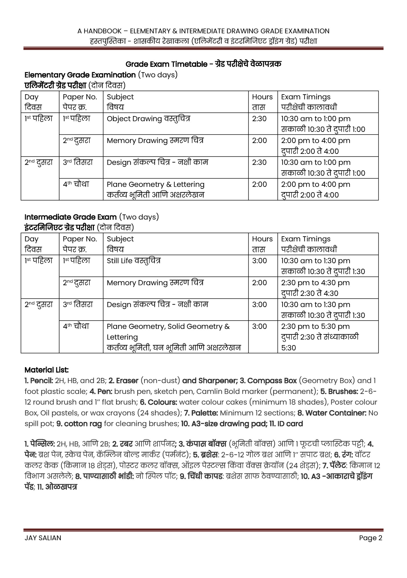 A HANDBOOK – ELEMENTARY & INTERMEDIATE DRAWING GRADE EXAMINATION