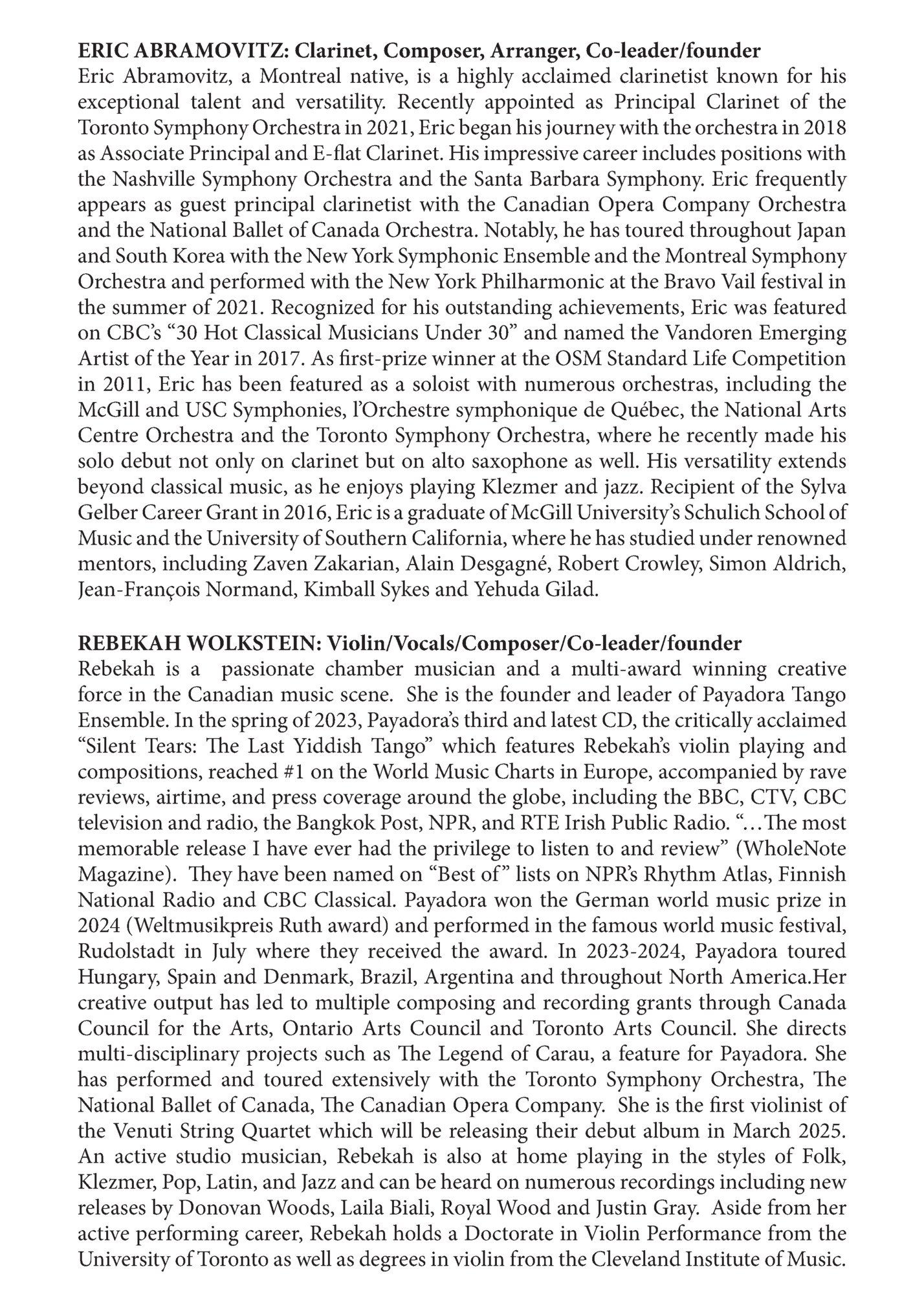 ERIC ABRAMOVITZ: Clarinet, Composer, Arranger, Co-leader/founder