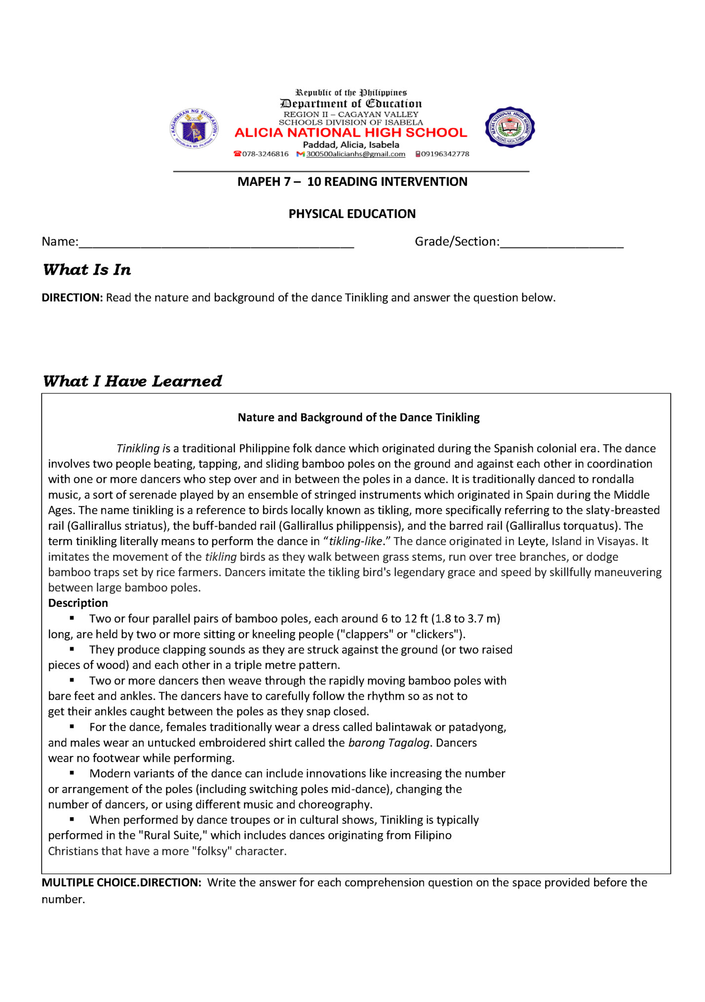 MAPEH 7 – 10 READING INTERVENTION