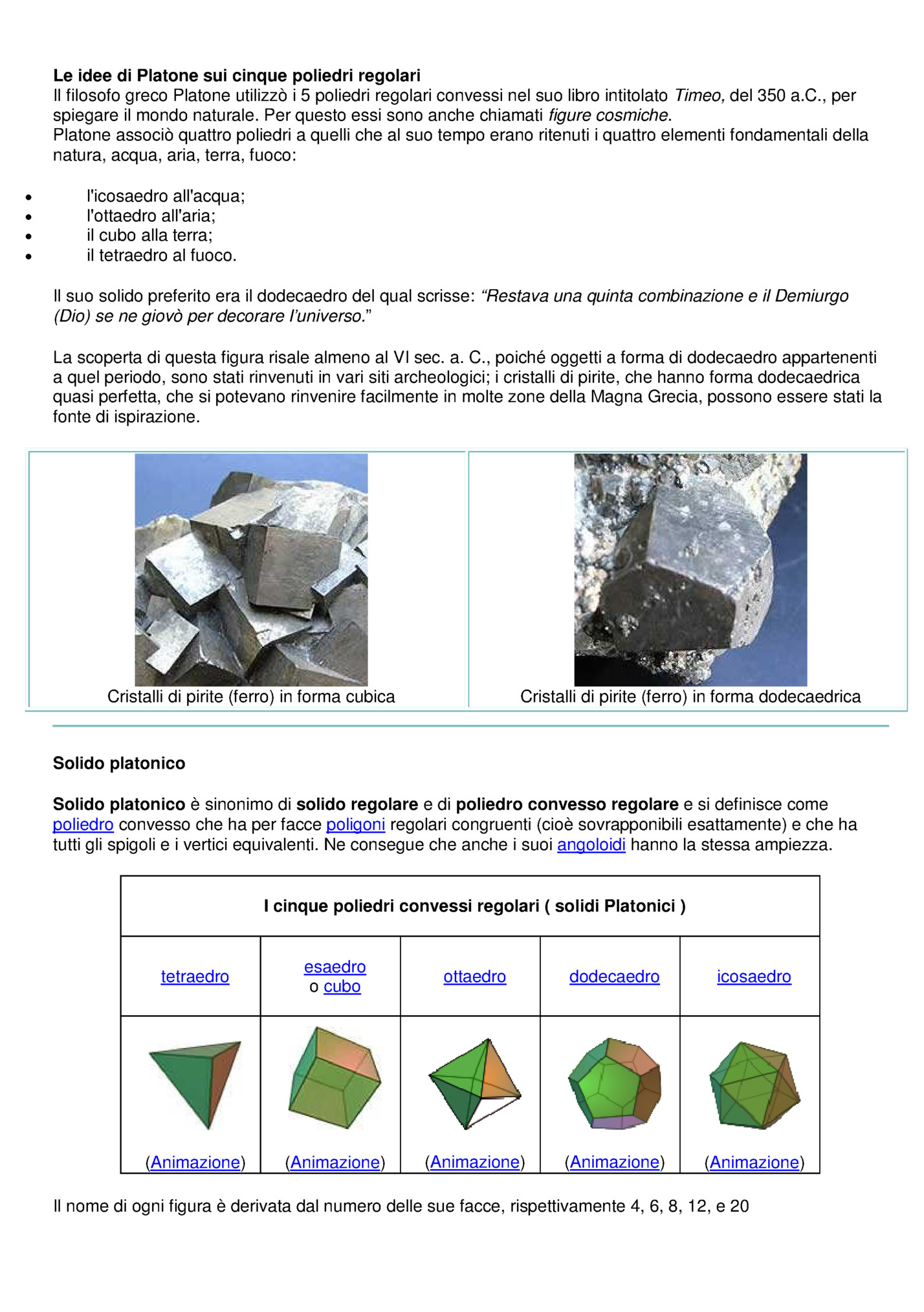 Le idee di Platone sui cinque poliedri regolari