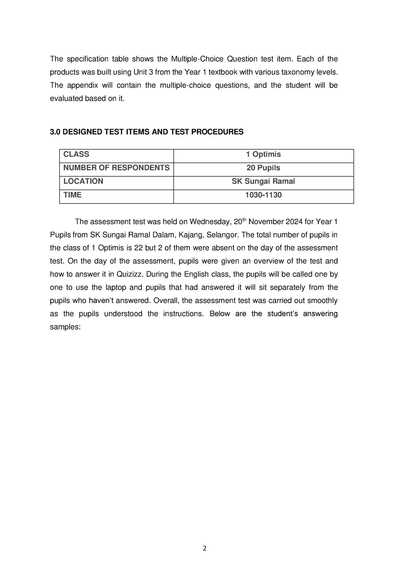 The specification table shows the Multiple-Choice Question test item. Each of the