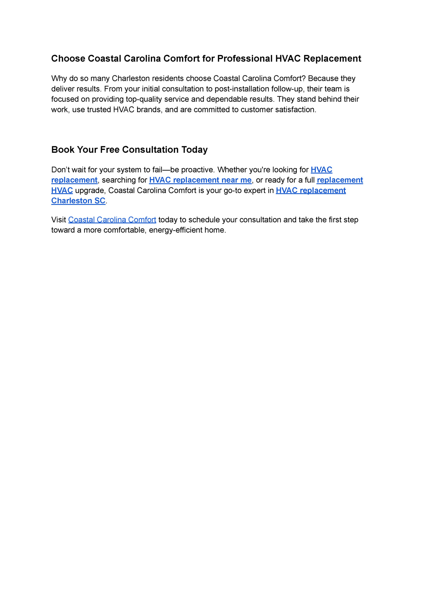 Choose Coastal Carolina Comfort for Professional HVAC Replacement