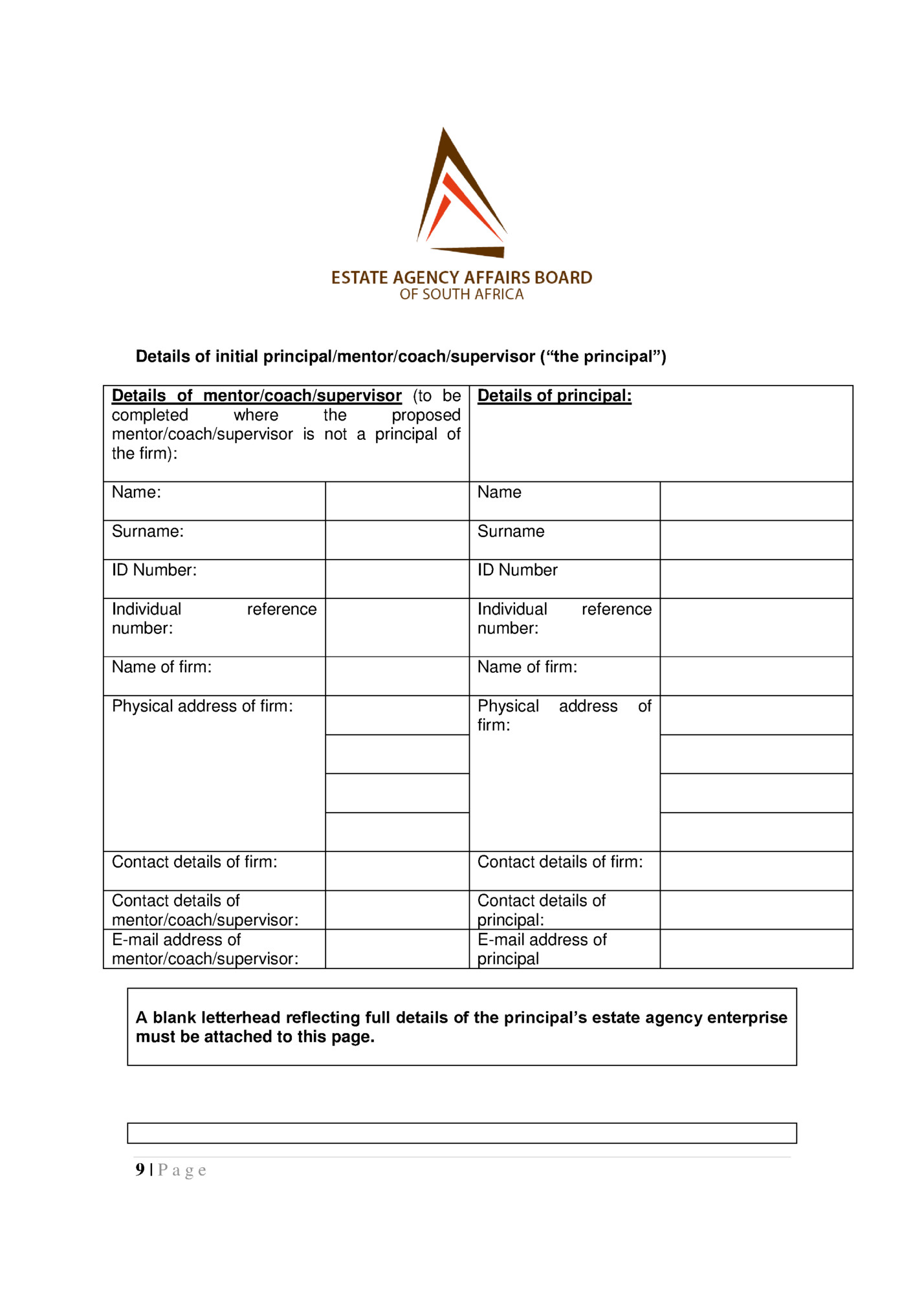 Details of initial principal/mentor/coach/supervisor (“the principal”)