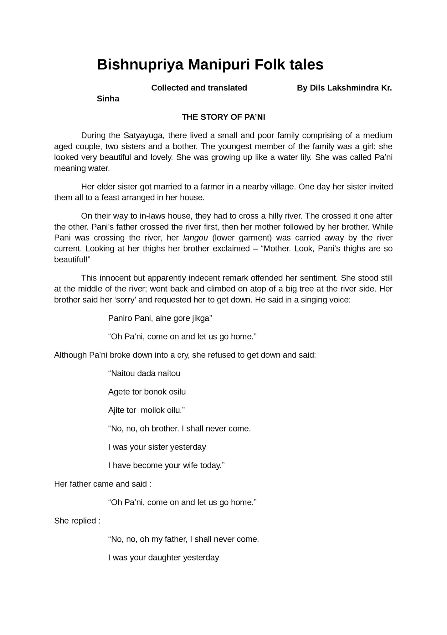 Bishnupriya Manipuri Folk tales