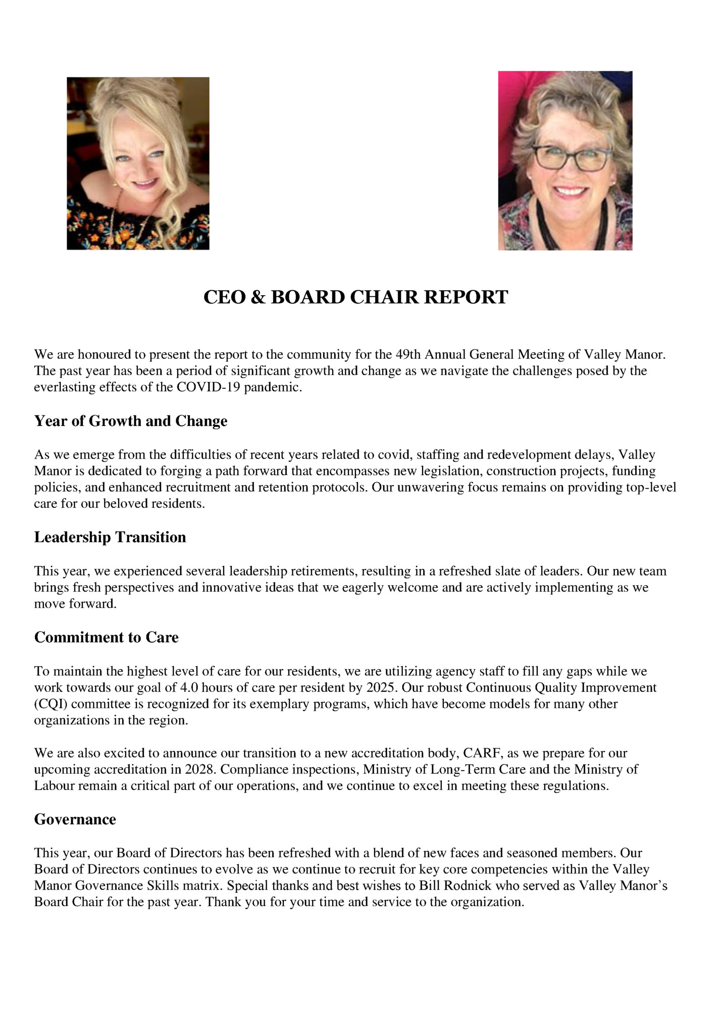 CEO & BOARD CHAIR REPORT